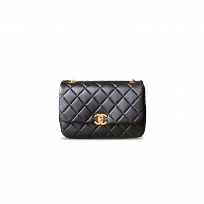 CHANEL MASTER  PEARLY CHAIN FLAP BAG BLACK LAMBSKIN BRUSHED GOLD HARDWARE  (23*15.5*8.5cm)
